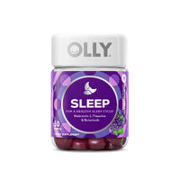 A bottle of OLLY Sleep dietary supplement containing 60 capsules, featuring a purple label with a butterfly graphic and grape illustration, on a white background.