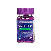A bottle of Sleep-Aid diphenylhydramine HCl 25 mg nighttime sleep aid, containing 200 caplets, with a purple cap and a purple and blue label.