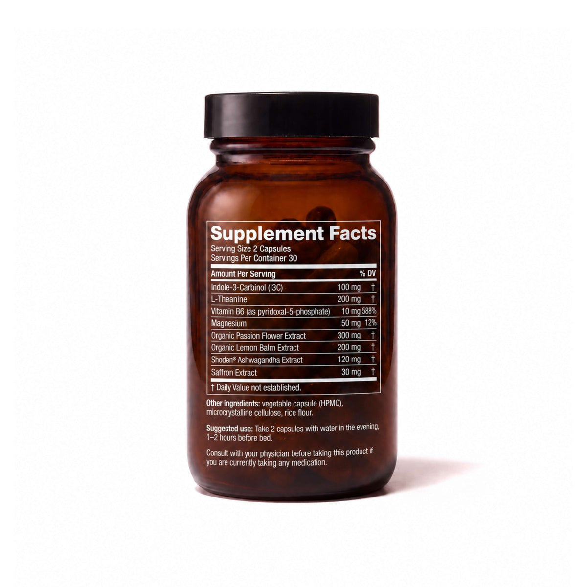 An amber brown supplement bottle with a black cap, showing the Supplement Facts label on a clean white background.