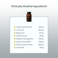 A supplement bottle labeled ORIGIN is shown above a white information card titled 'Clinically Studied Ingredients' on a light gray gradient background. The card lists ingredients and dosages including Indole 3 Carbinol (I3C) 100mg, L-Theanine 200mg, Magnesium 50mg, Saffron Extract 30mg, Shoden™ Ashwagandha 120mg, Organic Lemon Balm 200mg, Organic Passion Flower 300mg, and Vitamin B6 10mg.