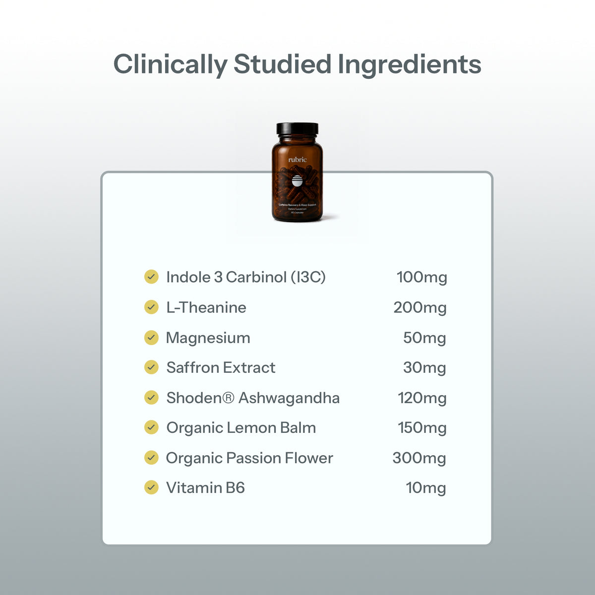 A supplement bottle labeled ORIGIN is shown above a white information card titled 'Clinically Studied Ingredients' on a light gray gradient background. The card lists ingredients and dosages including Indole 3 Carbinol (I3C) 100mg, L-Theanine 200mg, Magnesium 50mg, Saffron Extract 30mg, Shoden™ Ashwagandha 120mg, Organic Lemon Balm 200mg, Organic Passion Flower 300mg, and Vitamin B6 10mg.